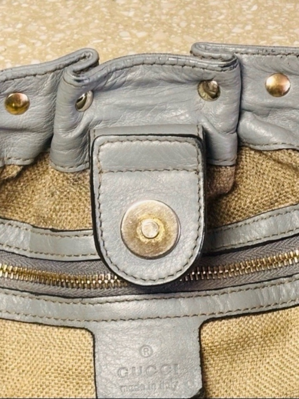 AUTHENTIC GUCCI PELAM GRAY STUDDED LEATHER SHOULDER BAG LARGE SLOUCHY GOLD HW - Picture 8 of 12